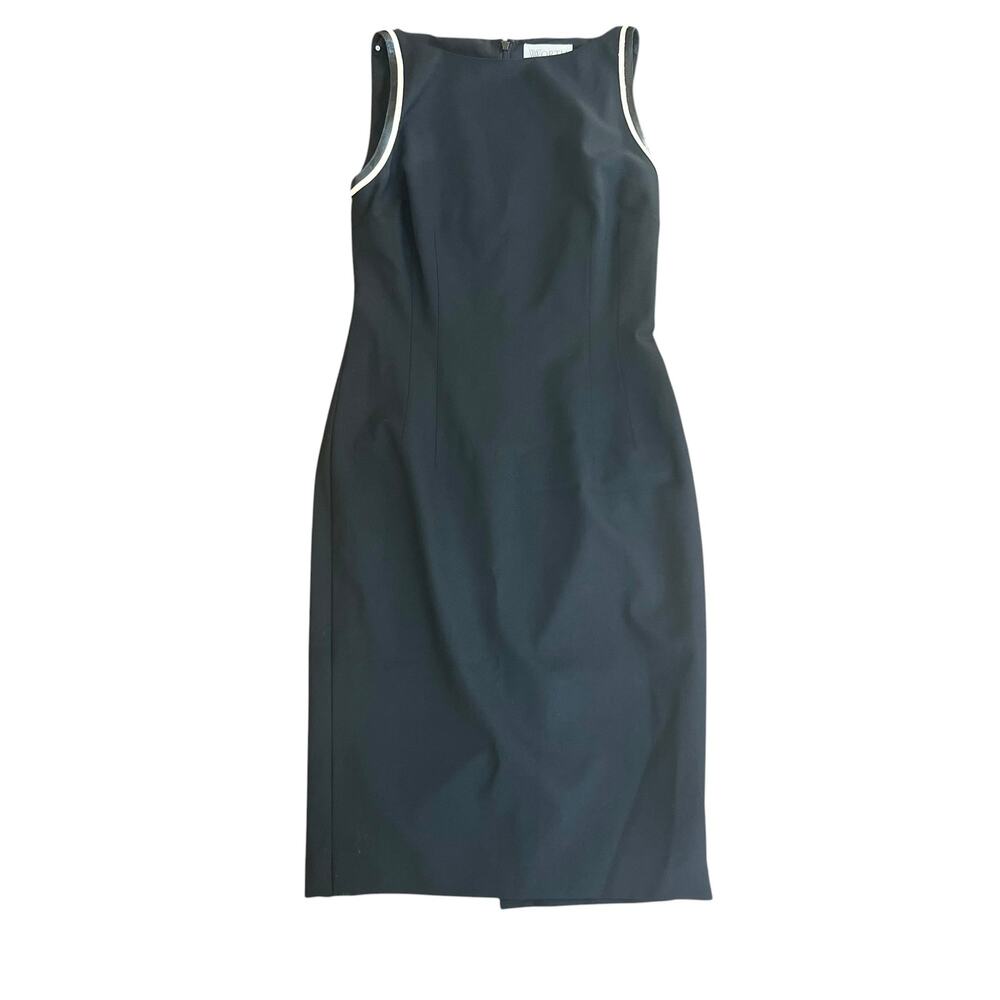 Worth New York Black Wool Sheath Dress 14 Leather Trim Quiet Luxury Midi